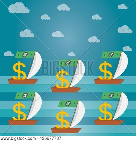 Golden Dollar Signs Sail In Boats With Sails. Paper Dollars On Masts Instead Of Flags. Money, Financ