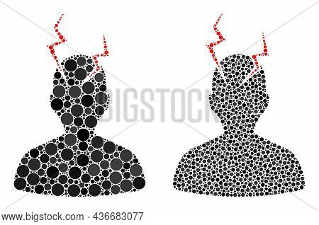 Dotted Head Migrain Sick Icon. Collage Head Migrain Sick Icon Organized From Round Parts In Differen