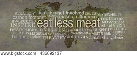 Global Campaign Word Cloud Banner To Eat Less Meat - Rustic Brown Grunge World Map Background With A