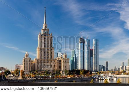 Moscow, Russia - October  14, 2021:  Architecture Radisson Royal Hotel Moscow, Hotel Ukraine.