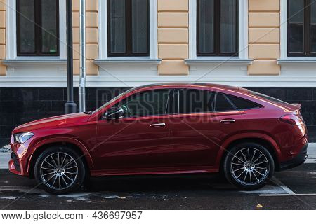 Moscow, Russia - October  13, 2021: Red Mercedes Gle Coupe  Is Parked  On The Street On A Warm  Autu