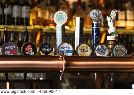 Moscow, Russia - October  13, 2021:  Close-up Of A Rack For Pouring Various Types Of Beer Petrus,  P