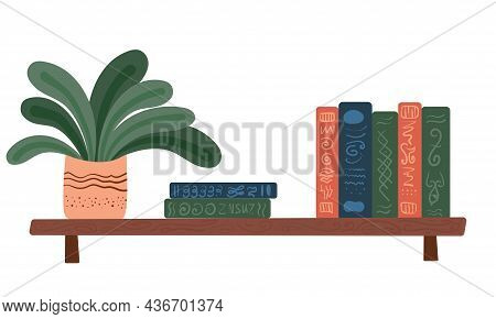 Bookshelf With Books And Potted Plant. For Interior Decoration Of A Room Or House. Simple Vector Ill
