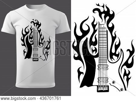T-shirt With Black And White Motif Of Burning Electric Guitar - Design Illustration For Rock Fans, V