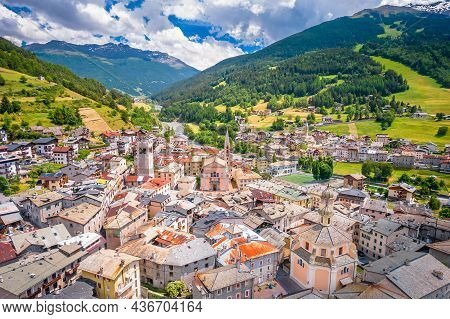 Town Of Bormio In Dolomites Alps Aerial View, Province Of Sondrio, Lombardy Region Of Italy