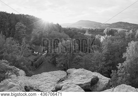 Peklo, Czech Republic - October 16, 2021: Sunset In Autumnal Landscape