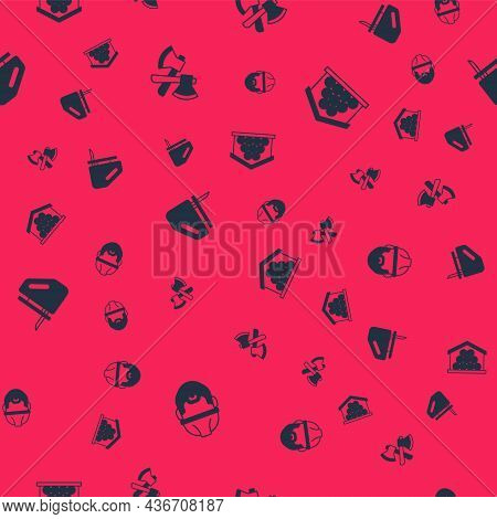 Set Lumberjack, Wooden Axe, Electric Jigsaw And Logs On Seamless Pattern. Vector