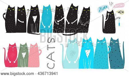 Cute And Funny Cats Playing Together, Humour Collection Of Domestic Animals For T Shirt Design. Cats
