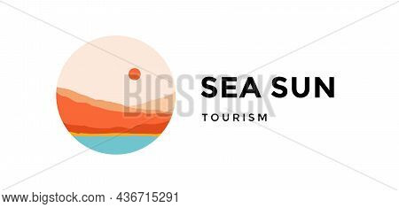 Logo, Logotype, Sign. Sea Sun, Tourizm. Logo With Abstract Landscape Mountain, Sky And Sunset View. 
