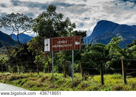 Road Sign Indicating The Direction To Get To The Famous Morrogacho Hill, The Mountain That Appears O