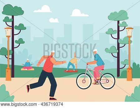 Old Athlete Men And Women Running In City Park, Riding Bicycle, Doing Active Exercises. Active Grand