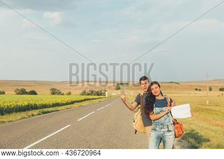 Hitchhiking. Thumb Up. Concept - Adventure, Free, Freedom Free Space For Text