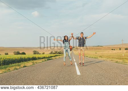 Hitchhiking. Thumb Up. Concept - Adventure, Free, Freedom Free Space For Text
