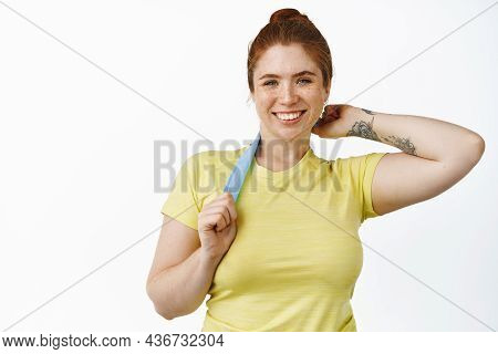 Young Smiling Chubby Girl Workout With Elastic Rope, Doing Fitness Exercises With Resitance Band, St