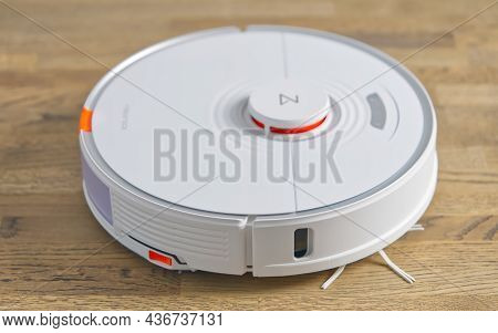 Tallinn, Estonia - October 10, 2021: Xiomi S7 Roborock Vacuum Cleaner Performs Automatic Cleaning Of