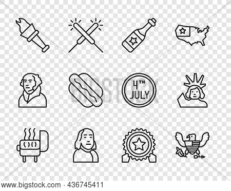 Set Line Barbecue Grill, Eagle, Champagne Bottle, Benjamin Franklin, Torch Flame, Hotdog Sandwich, M