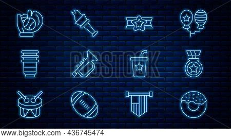 Set Line Donut, Medal With Star, Star American Military, Trumpet, Paper Glass, Baseball Glove Ball, 
