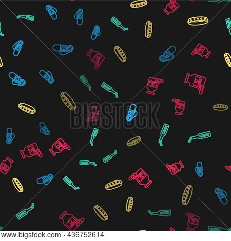 Set Line Pills For Potency, Spanking Paddle, Leather Fetish Collar And Bottle With Pills On Seamless