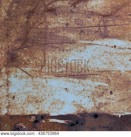 Old Light Blue Painted Grey Rusty Rustic Rust Iron Metal Frame Background Texture, Horizontal Aged D