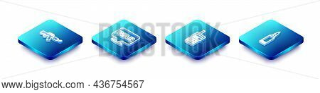 Set Isometric Line M16a1 Rifle, The Word War, Walkie Talkie And Bullet Icon. Vector