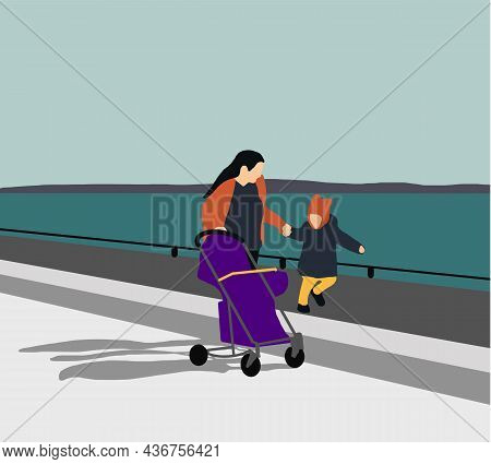 Children Walking With Mother And Baby Carriage Near Lake At Public Park. Toddler Rolls Stroller Hims