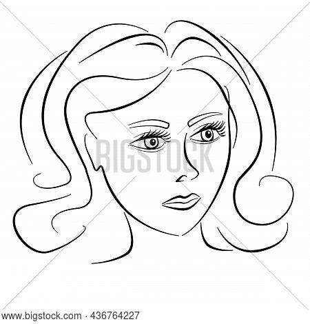 Beautiful Monochrome Womans Face With Open Eyes And Curly Hair.. Line Art Fashion Illustration On Wh