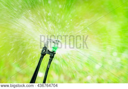 Closeup Sprinkler Watering Grass On Blur Green Background. Sprinkler With Automatic System. Garden I