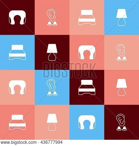 Set Pop Art Travel Neck Pillow, Earplugs And Ear, Big Bed And Table Lamp Icon. Vector