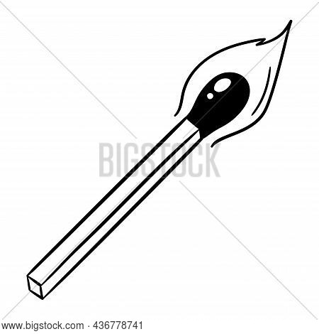 Safety Match Icon With Fire. A Match With Coal. Vector Black And White Illustration In Doodle Outlin