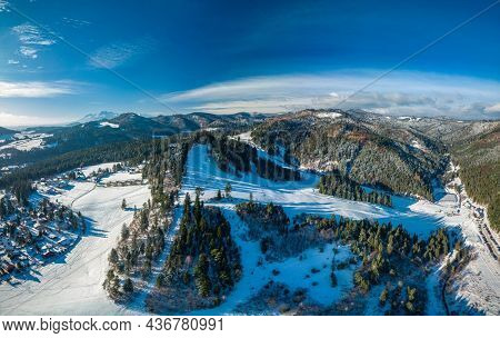 Panoramic aerial winter view of the ski center Vysne Ruzbachy, north Slovakia