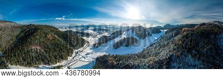 Panoramic aerial winter view of the ski center Vysne Ruzbachy, north Slovakia