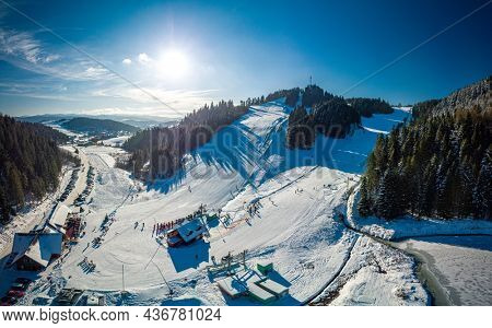 Panoramic aerial winter view of the ski center Vysne Ruzbachy, north Slovakia