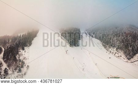 Panoramic aerial winter view of the ski center Vysne Ruzbachy, north Slovakia