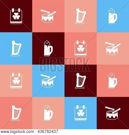Set Pop Art Saint Patricks Day With Calendar, Drum Drum Sticks, Harp And Glass Of Beer Icon. Vector