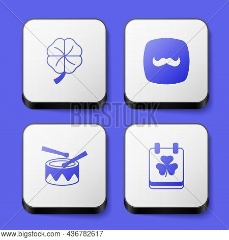 Set Four Leaf Clover, Mustache, Drum With Drum Sticks And Saint Patricks Day Calendar Icon. White Sq