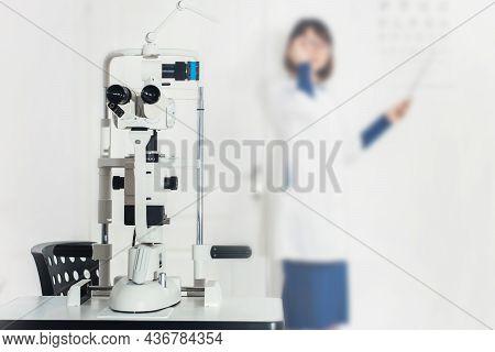 Ophthalmic Device For Vision Testing. Doctor Is In Soft Focus. Vision Tests At Hospital.