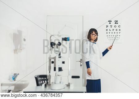 Doctor Ophthalmologist Next To Machine To Check View. Hospital, Clinic, Examination. Vision Tests At