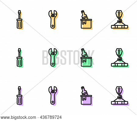 Set Line Paint Bucket With Brush, Screwdriver, Adjustable Wrench And Crane Hook Icon. Vector