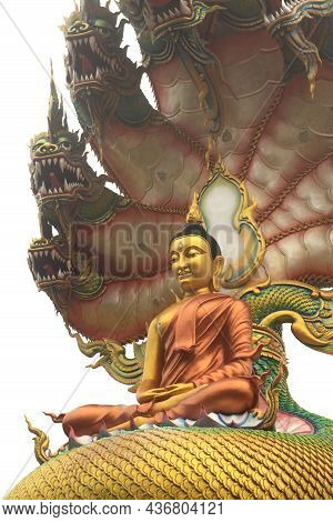 Sakon Nakhon,thailand - October 1 , 2020 : A Large Golden Seated Buddha Statue Outdoors, Sheltered B