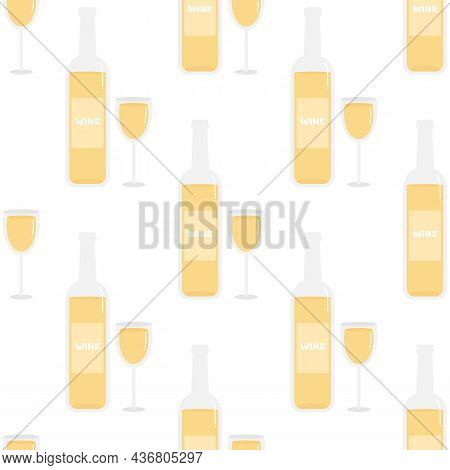Bottles And Glasses Of White Wine Vector Seamless Pattern Background.