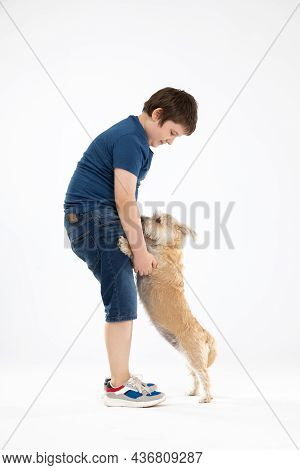 The Dog Stands On His Hind Legs And The Boy Holds Him By His Front Paws And They Look Into Each Othe