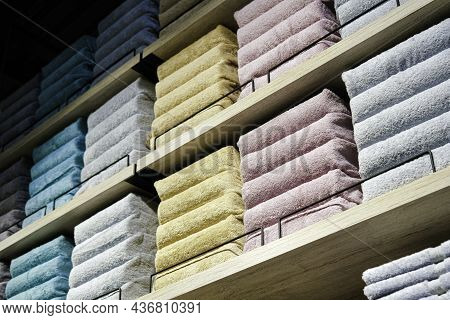 Store Shelves With Stacks Of Plain Bath Towels. Color Palette. Long Banner. Home Decor And Comfort C