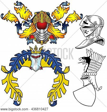 Set Of Colorful Heraldic Helmets - Four Illustrations Isolated On White Background, Vector