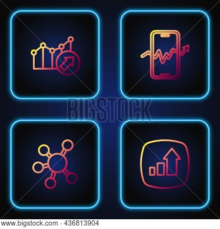Set Line Financial Growth, Project Team Base, And Mobile Stock Trading. Gradient Color Icons. Vector