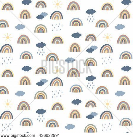 Colored Cartoon Rainbow Pattern With Sun And Rain, Flat Doodles. Suitable For Wallpaper In A Nursery