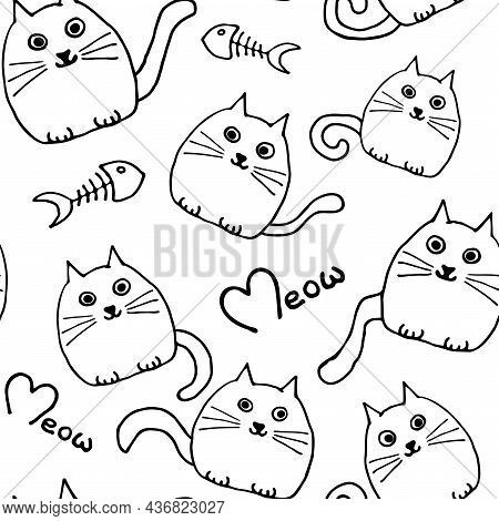 The Pattern Of Cats Is Drawn By Hand In The Style Of Doodle, There Is An Inscription, Additional Ele