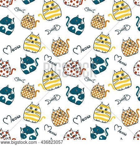 The Pattern Of Colored Cats Is Drawn By Hand In The Style Of Doodle, There Is An Inscription, Additi