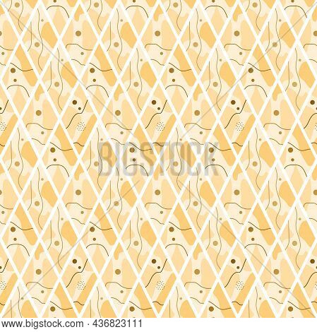 A Pattern Of Rhombuses, Spots, Circles And Lines, Beige And Brown. Suitable For Backgrounds, Fabrics