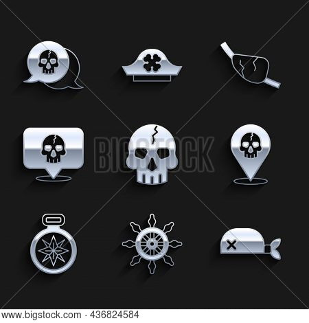 Set Skull, Ship Steering Wheel, Pirate Bandana For Head, Location Pirate, Compass, Eye Patch And Ico