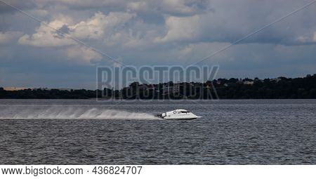 Sport. Motor Boat Races. Speed, Water Sports. Competition On The Water On A Sunny Day.